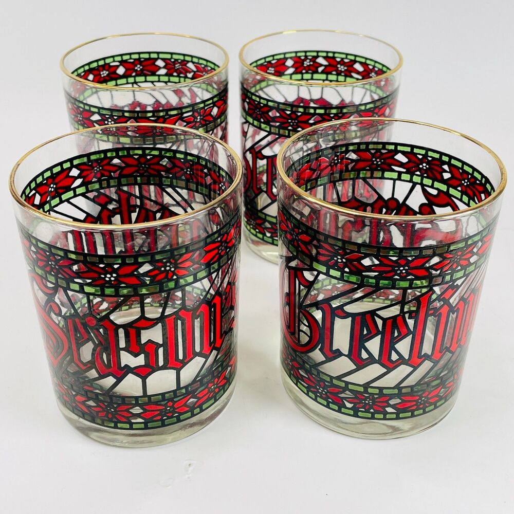 Set 4 Vtg Houze Christmas Seasons Greetings Stained Glass Old Fashioned Glasses